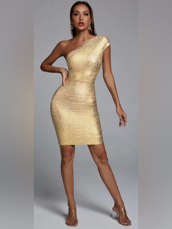 Bella Barnett Dresses & Skirts - BELLA BARNETT Lika Metallic Gold Mini Cocktail One Shoulder Bandage size S NWT